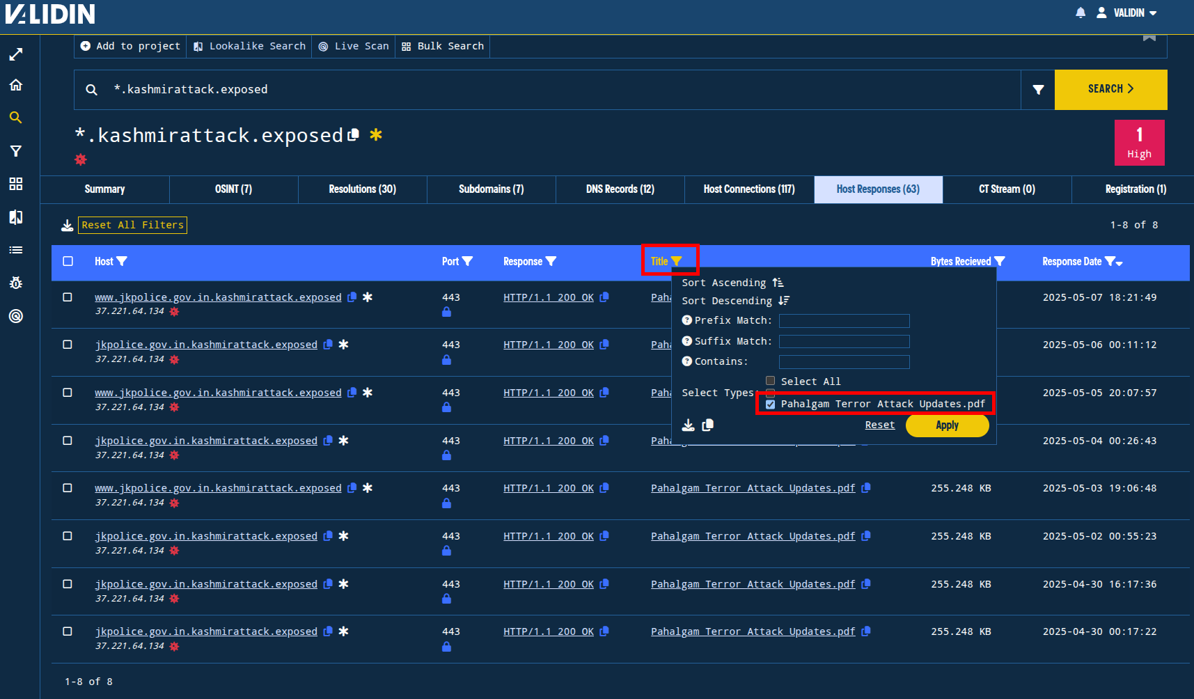 Figure. Using a title tag filter from the search results to identify subdomains that have responded with the title tag “Pahalgam Terror Attack Updates.pdf”. Figure. Using a title tag filter from the search results to identify subdomains that have responded with the title tag “Pahalgam Terror Attack Updates.pdf”.