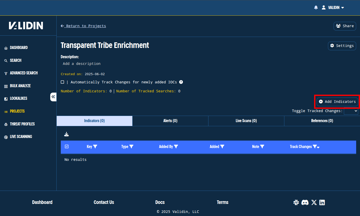 Figure. Creating a new project for tracking indicators related to Transparent Tribe enrichment. Figure. Creating a new project for tracking indicators related to Transparent Tribe enrichment.