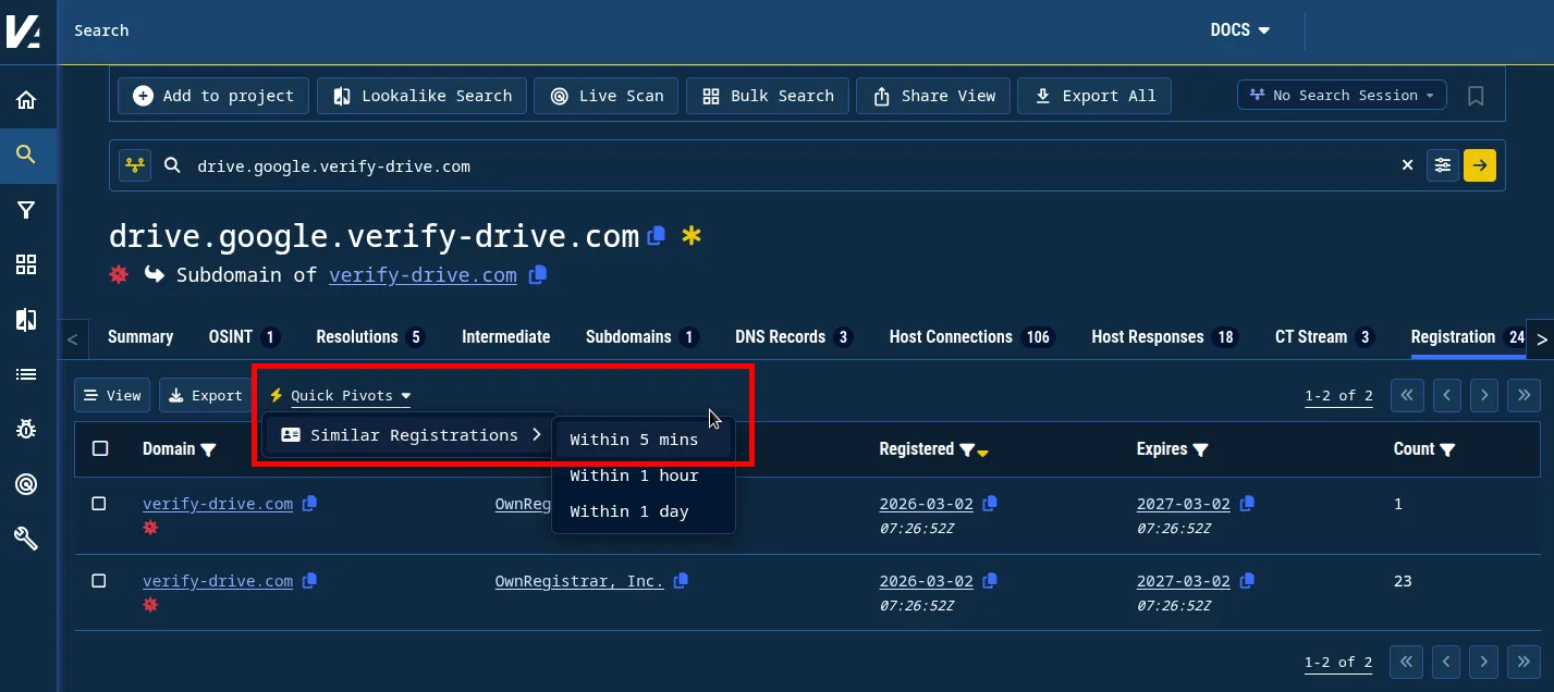 Figure 18. How to initiate a “similar registration” search in two clicks. Figure 18. How to initiate a “similar registration” search in two clicks.
