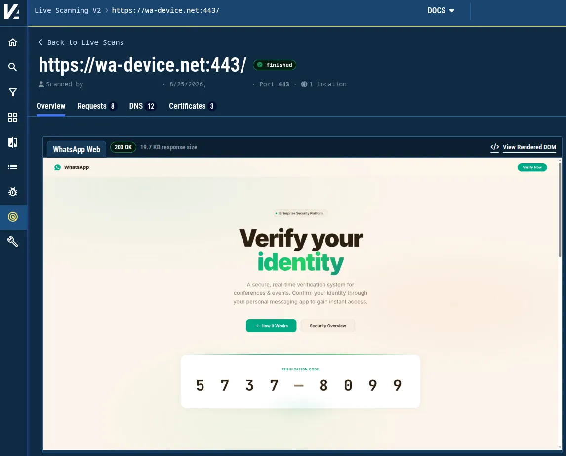 Figure 7. WhatsApp device code phishing lure as captured by Validin. Figure 7. WhatsApp device code phishing lure as captured by Validin.