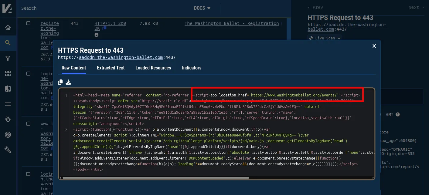 Figure 6. Possible Evilginx-configured redirect to the events page of the real Washington Ballet from the lookalike domain, the-washington-ballet[.]com.