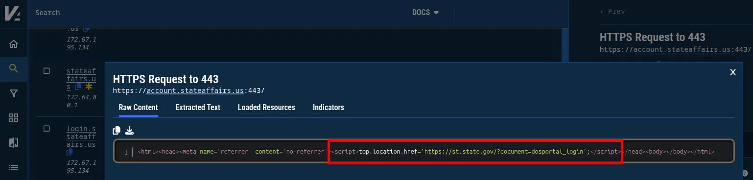 Figure 5. Possible Evilginx-configured redirect to an official US Department of State domain name. Figure 5. Possible Evilginx-configured redirect to an official US Department of State domain name.