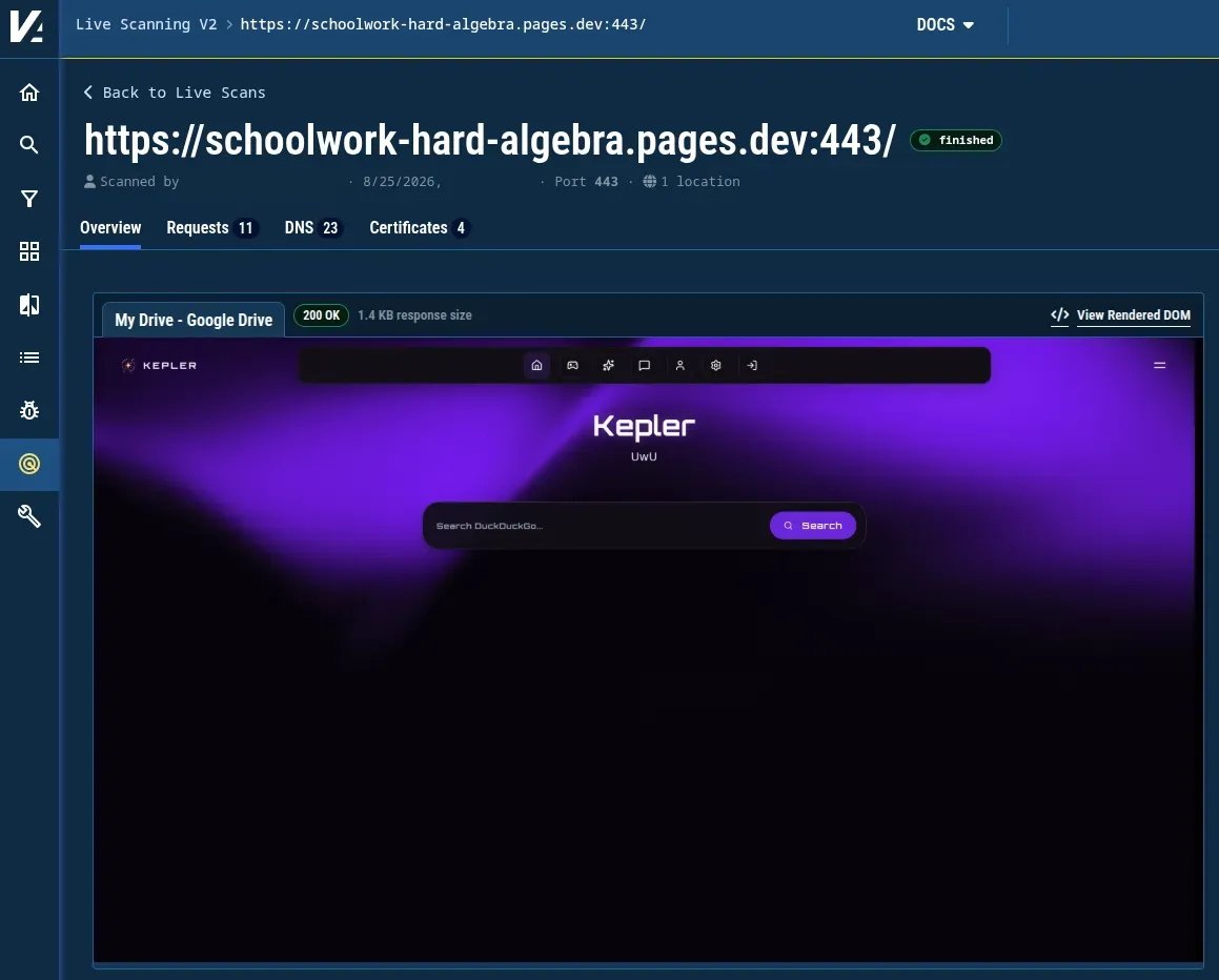 Figure 14. A screenshot of a domain hosted on pages[.]dev captured by Validin’s live scanning tool shows a page with the title “My Drive - Google Drive” but a presentation that looks nothing like the original lure.