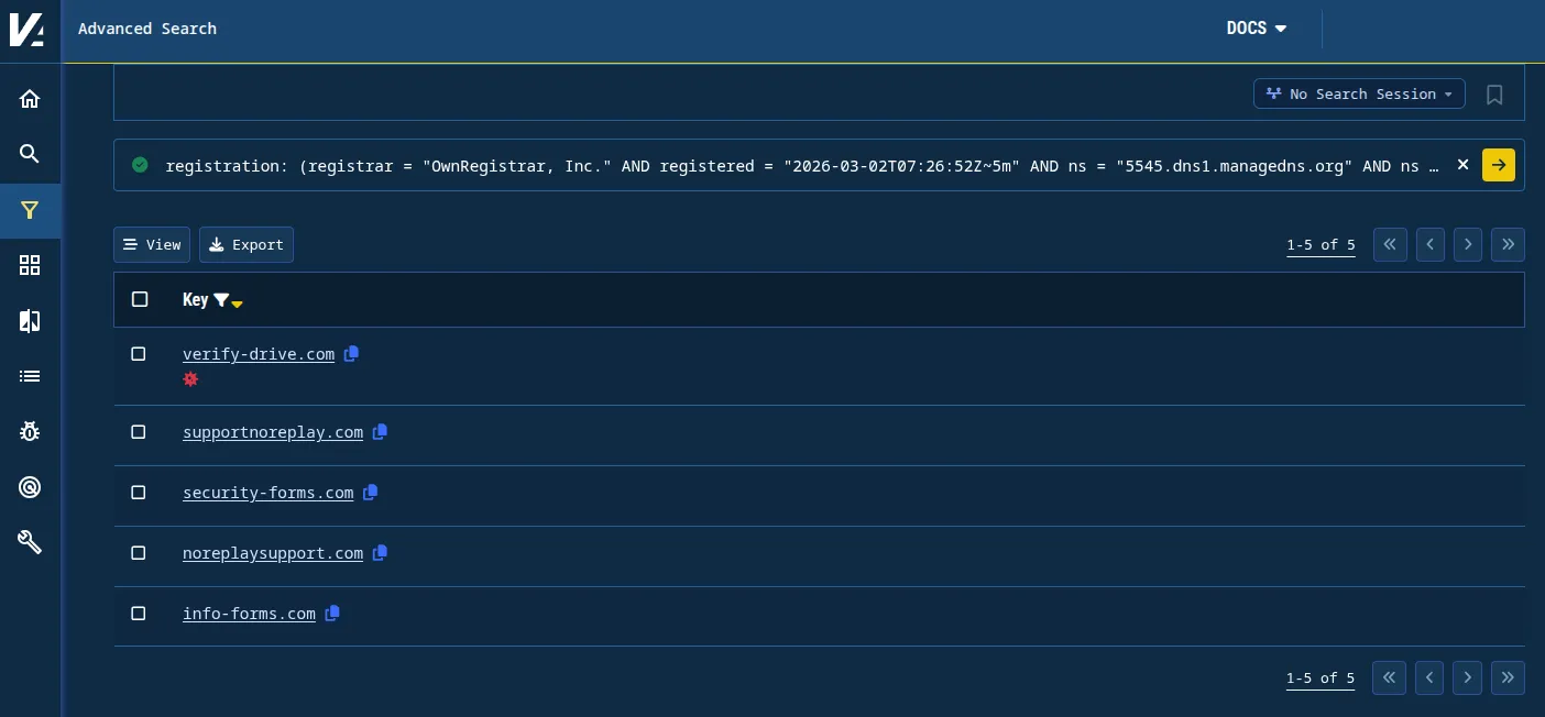 Figure 19. Advanced search results for similar registrations to verify-drive[.]com.