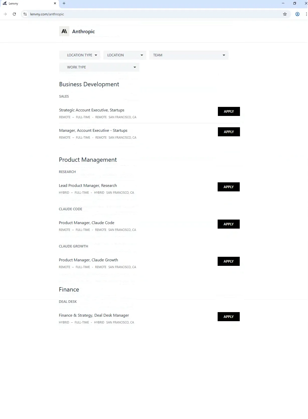 Figure 5. Job application listings for Anthropic advertising a variety of job positions. Note that the drop-down menus were partially functional.