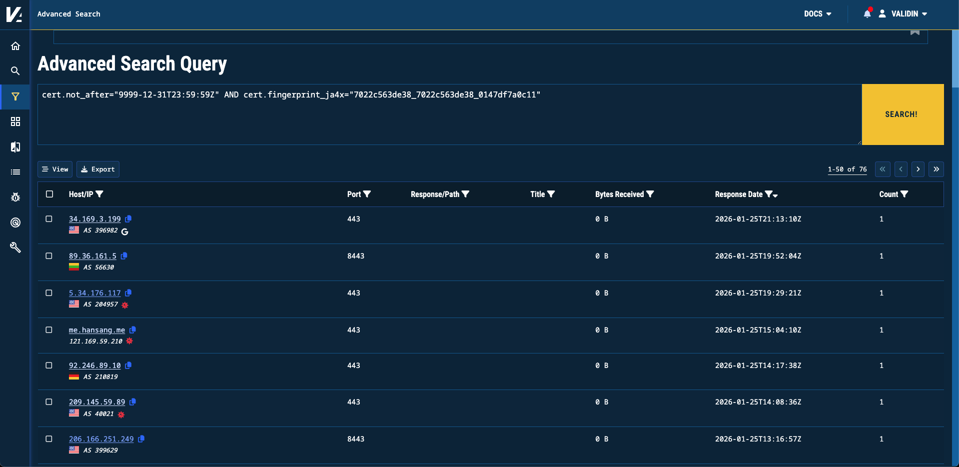 Advanced search using JA4X that finds QuasarRAT C2 Servers