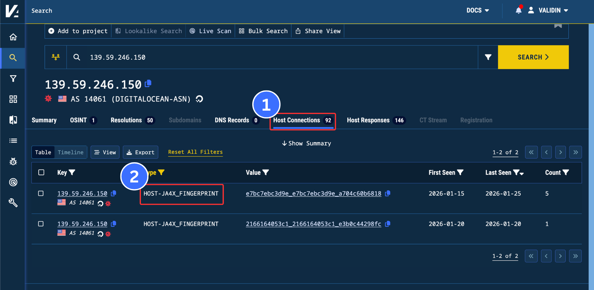 The calculated JA4X pulled out from all host responses allowing for quick search and pivoting