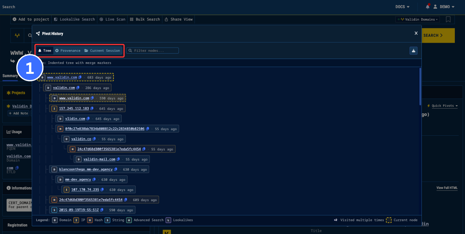 Figure 4. View your Pivot History through the yellow timeline button on the left of the search bar.