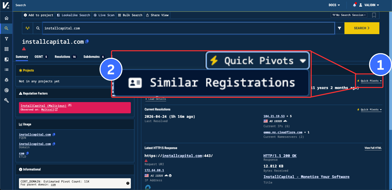 Figure 2. The Quick Pivots dropdown menu on the summary page with the Similar Registrations option.