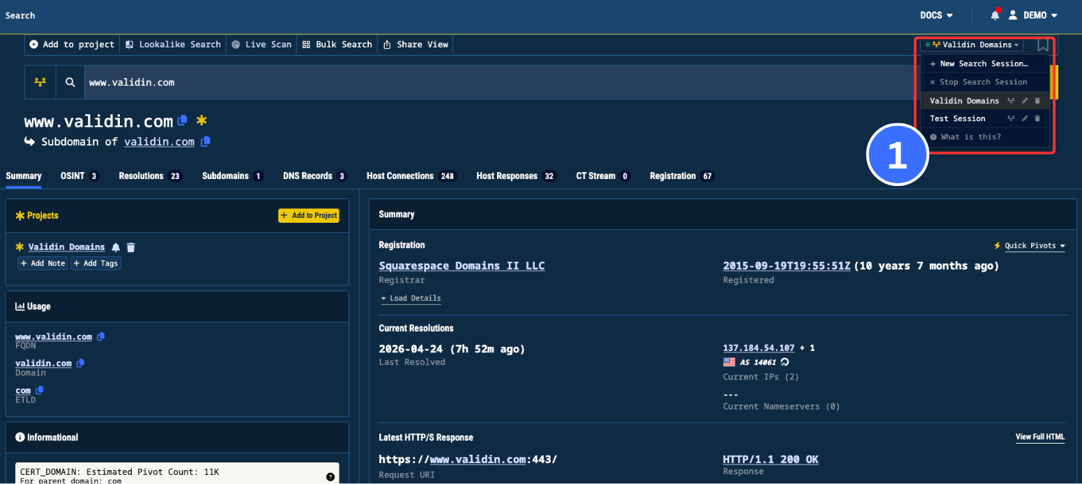 Figure 3. Start, stop, and select a Search Session through the dropdown on the top-right of the search page.