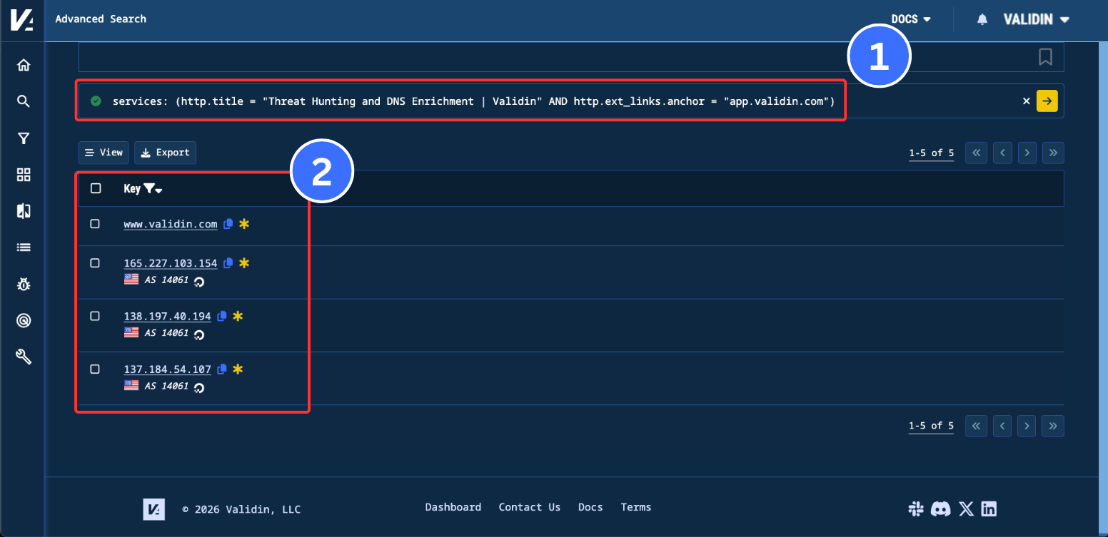Figure 1. A completed title tag and anchor link advanced query with domains and IPs returned as results.