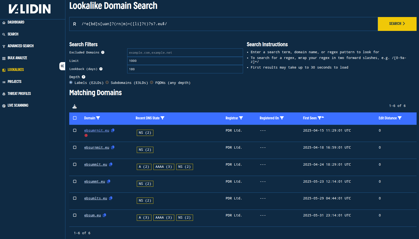 Figure 6. Regex lookalike search in Validin finds domains that resemble ebsummit[.]eu, the imitated domain.
