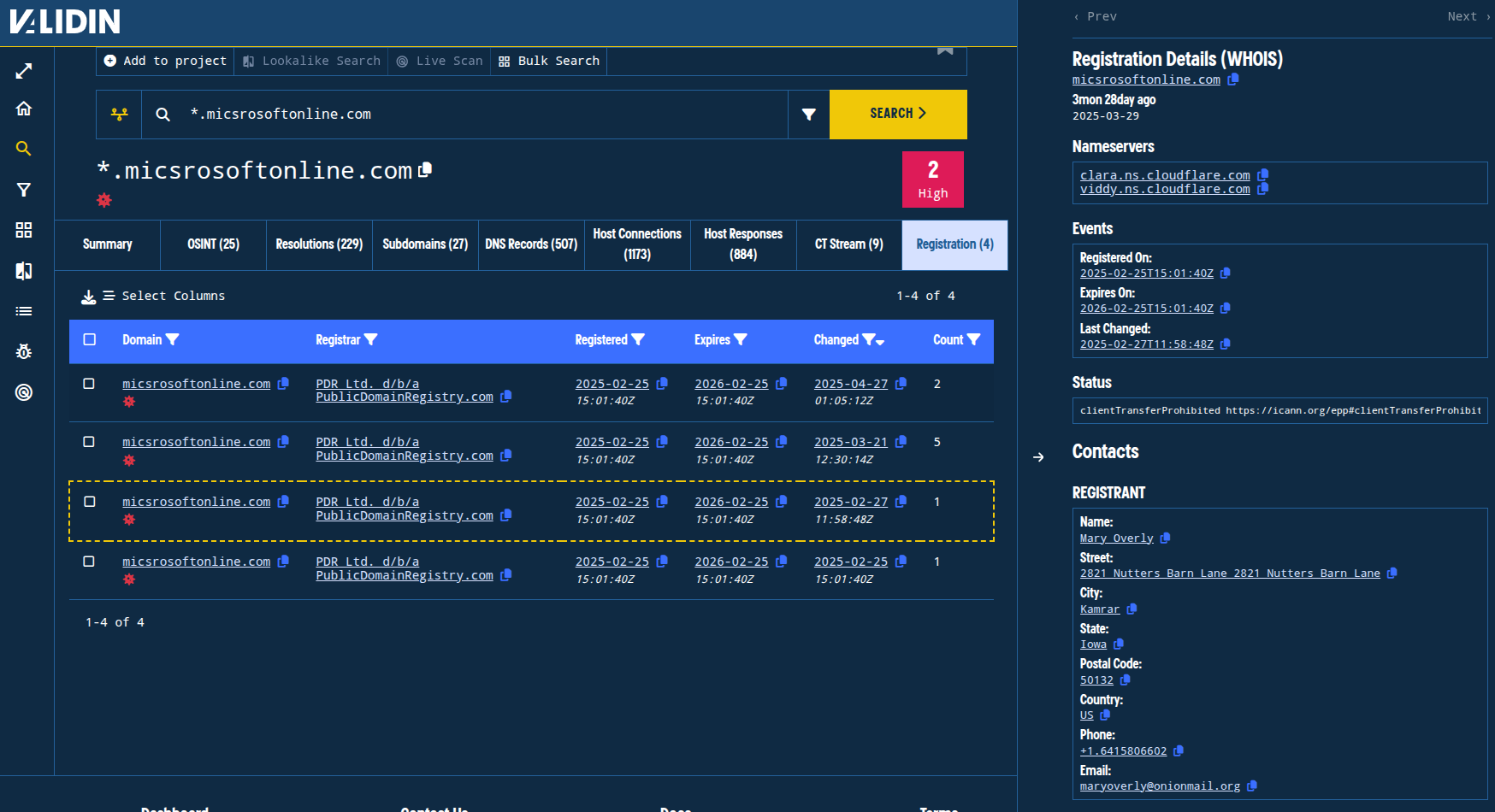 Figure 9. Registration history showing a privacy-preserving email address in the registrant contact details. Figure 9. Registration history showing a privacy-preserving email address in the registrant contact details.