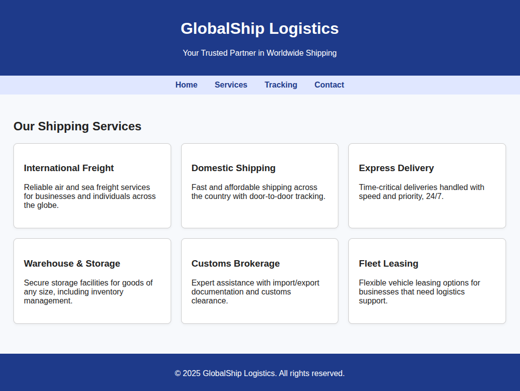 Figure 15. Screenshot of the rendered “GlobalShip Logistics” page returned by several domains on July 6 - July 7, 2025, retrieved from Validin. Figure 15. Screenshot of the rendered “GlobalShip Logistics” page returned by several domains on July 6 - July 7, 2025, retrieved from Validin.