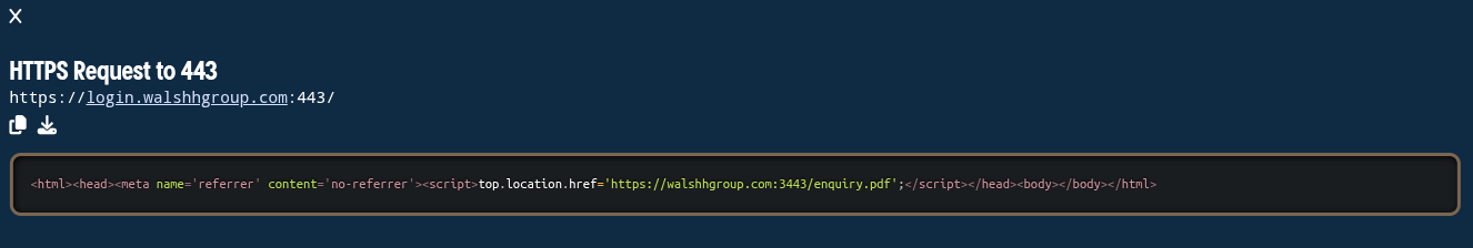 Figure 17. HTML response that redirects visitors to a PDF file on a non-standard HTTPS port. Figure 17. HTML response that redirects visitors to a PDF file on a non-standard HTTPS port.