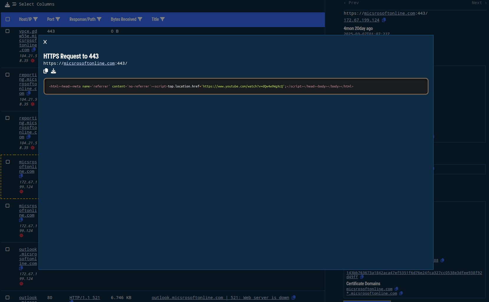Figure 12. Viewing full HTTP response history in Validin, linking to Rick Astley video. Figure 12. Viewing full HTTP response history in Validin, linking to Rick Astley video.