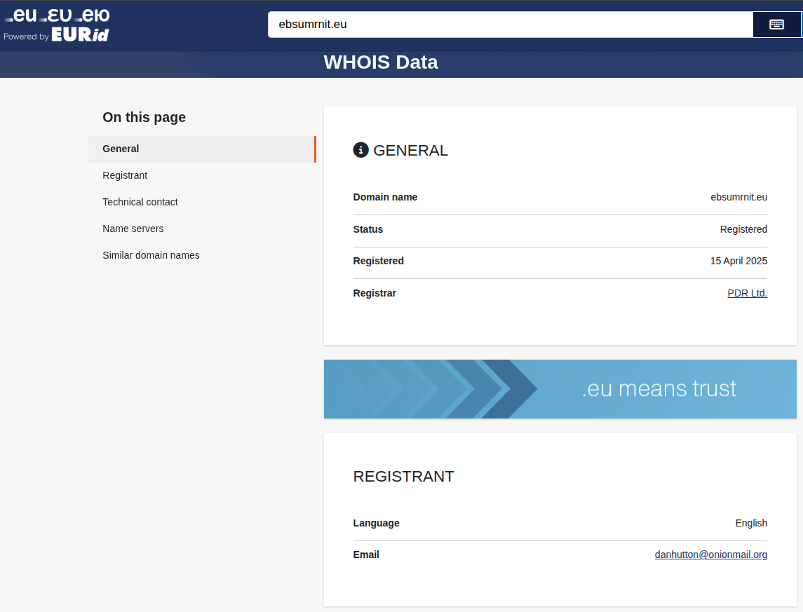 Figure 5. Visiting eurid[.]eu, we find a registration date and registrant contact email for the lookalike domain.