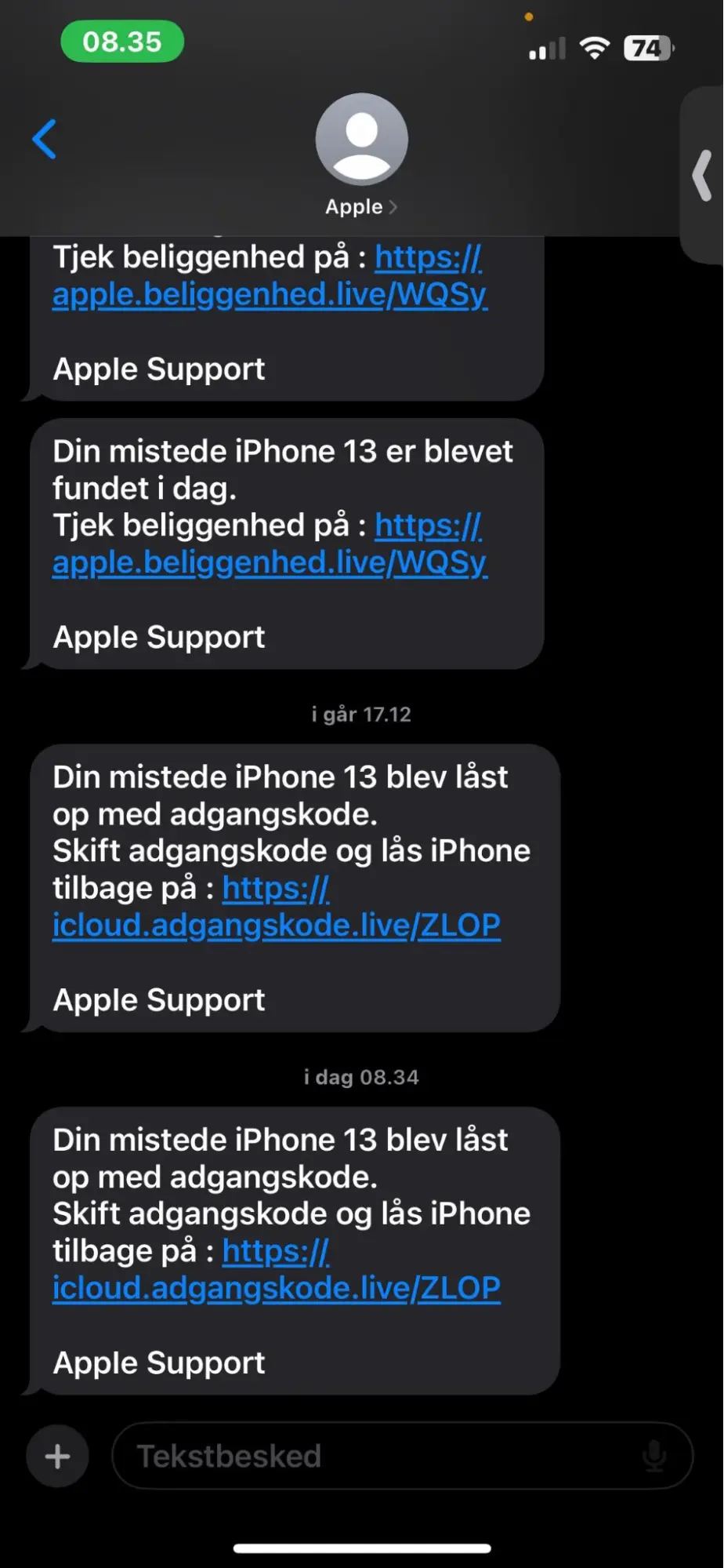 Phishing messages in Danish, using .live domains with Danish names, targeting a Danish user whose relative recently had their phone stolen.