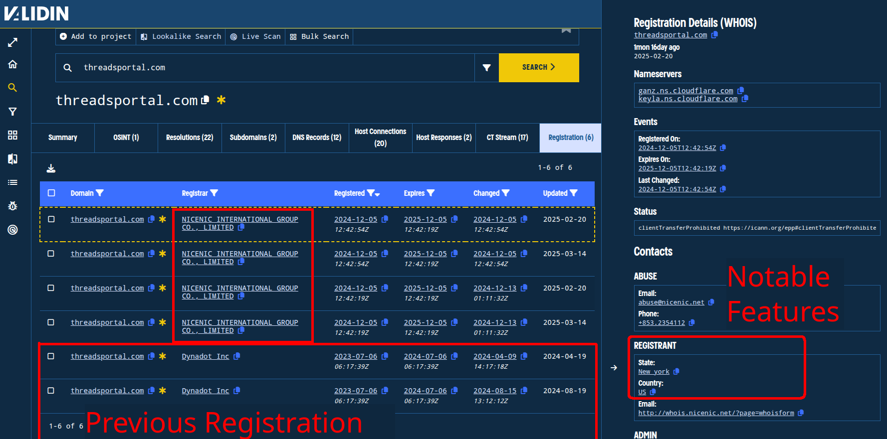 Figure. Registration details showing recent and previous registrations. Figure. Registration details showing recent and previous registrations.