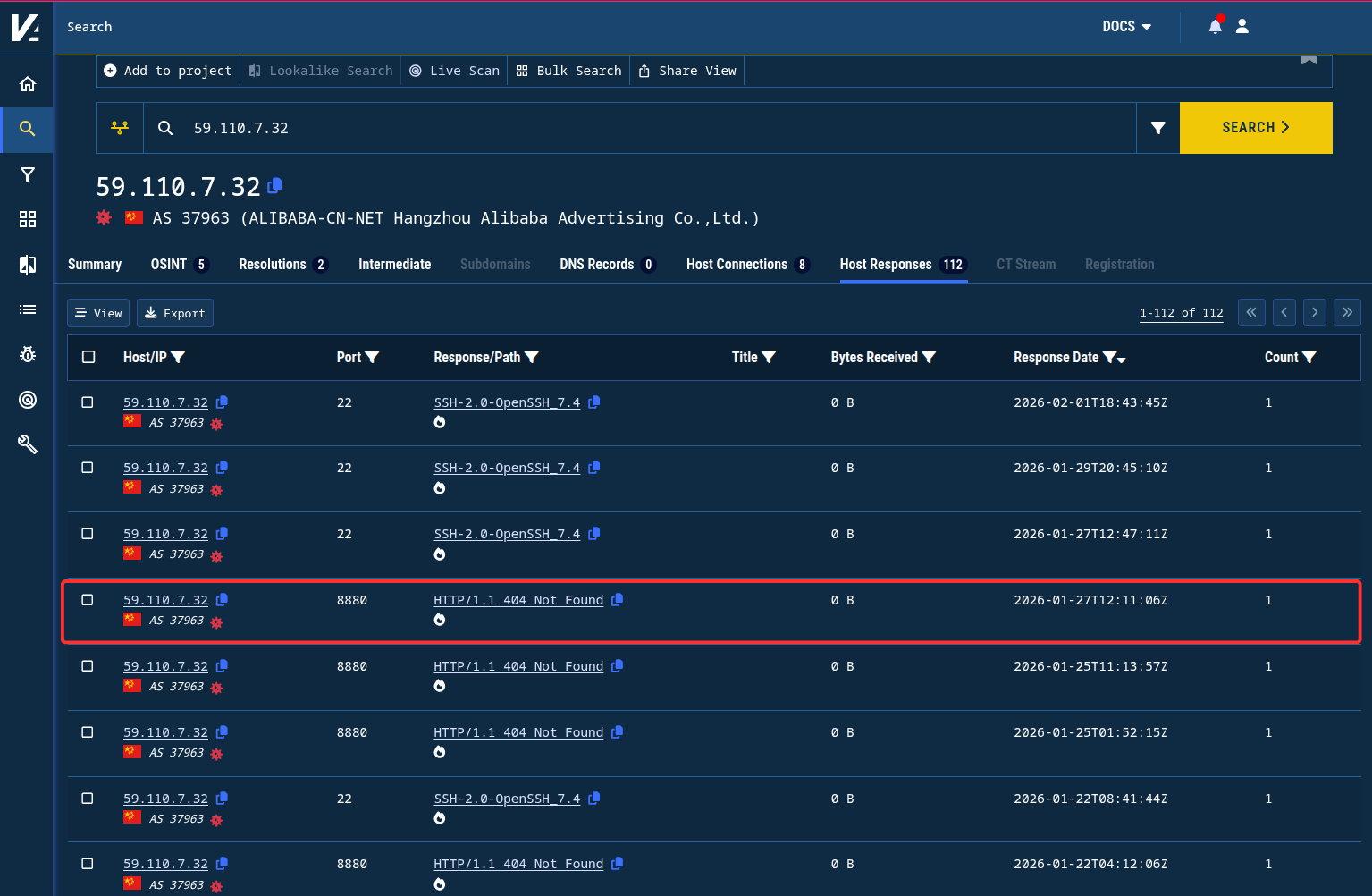 Figure 8. Recent port banners showing the port 8880 stopped responding on 59.110.7[.]32 around January 27.