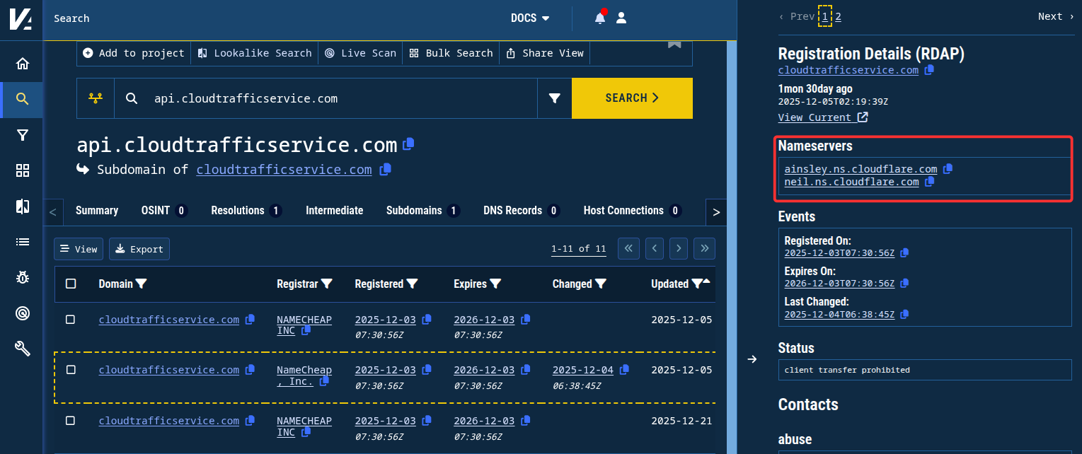 Figure 10. Registration details as they were captured shortly before the registration records were updated and the name servers modified. Figure 10. Registration details as they were captured shortly before the registration records were updated and the name servers modified.