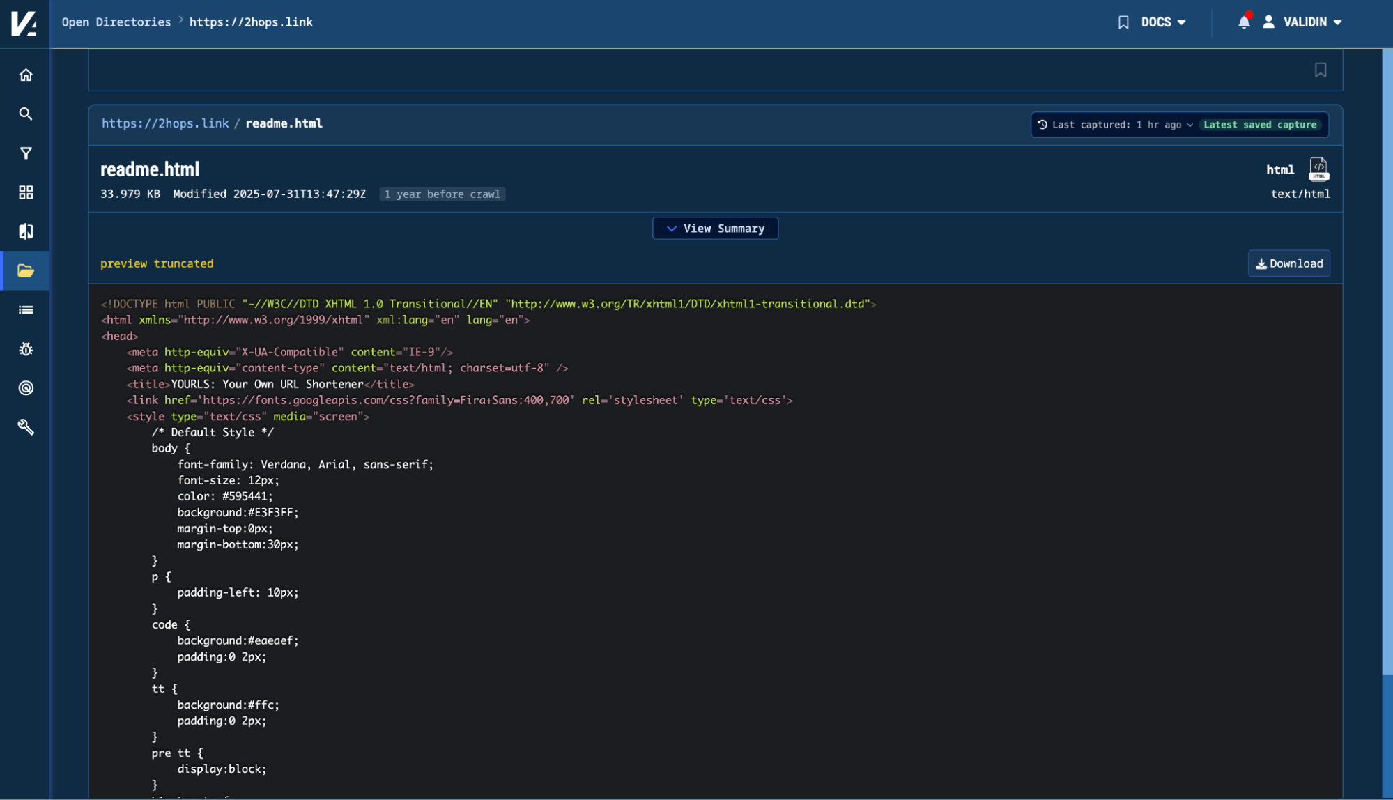 Figure 4. Previewing readme.html directly within Validin. Figure 4. Previewing readme.html directly within Validin.