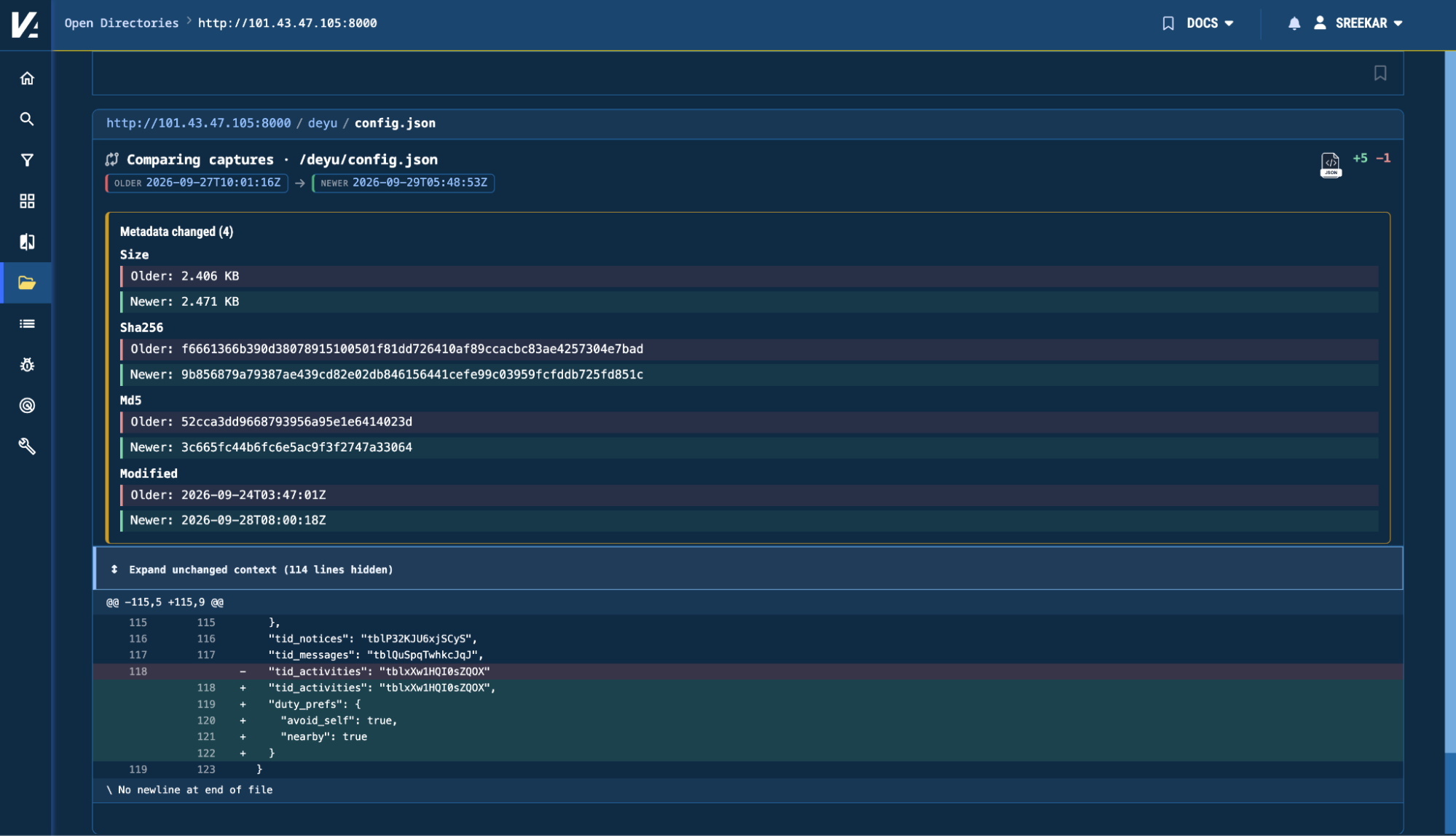 Figure 6. Comparing two captures shows changes in the file config.json. Figure 6. Comparing two captures shows changes in the file config.json.