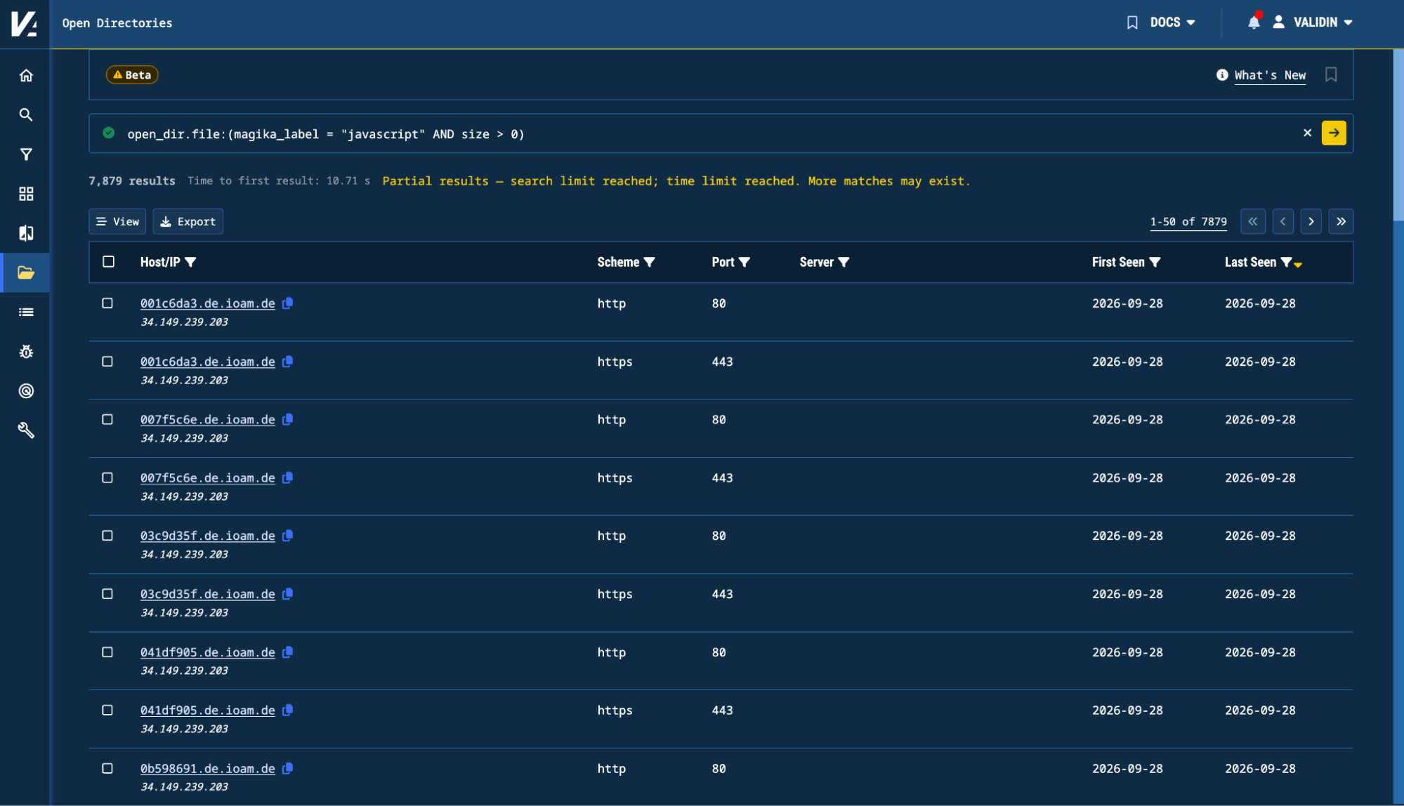Figure 2. Open Directories search results for open_dir.file: (magika_label = "javascript" AND size > 0). Figure 2. Open Directories search results for open_dir.file: (magika_label = "javascript" AND size > 0).
