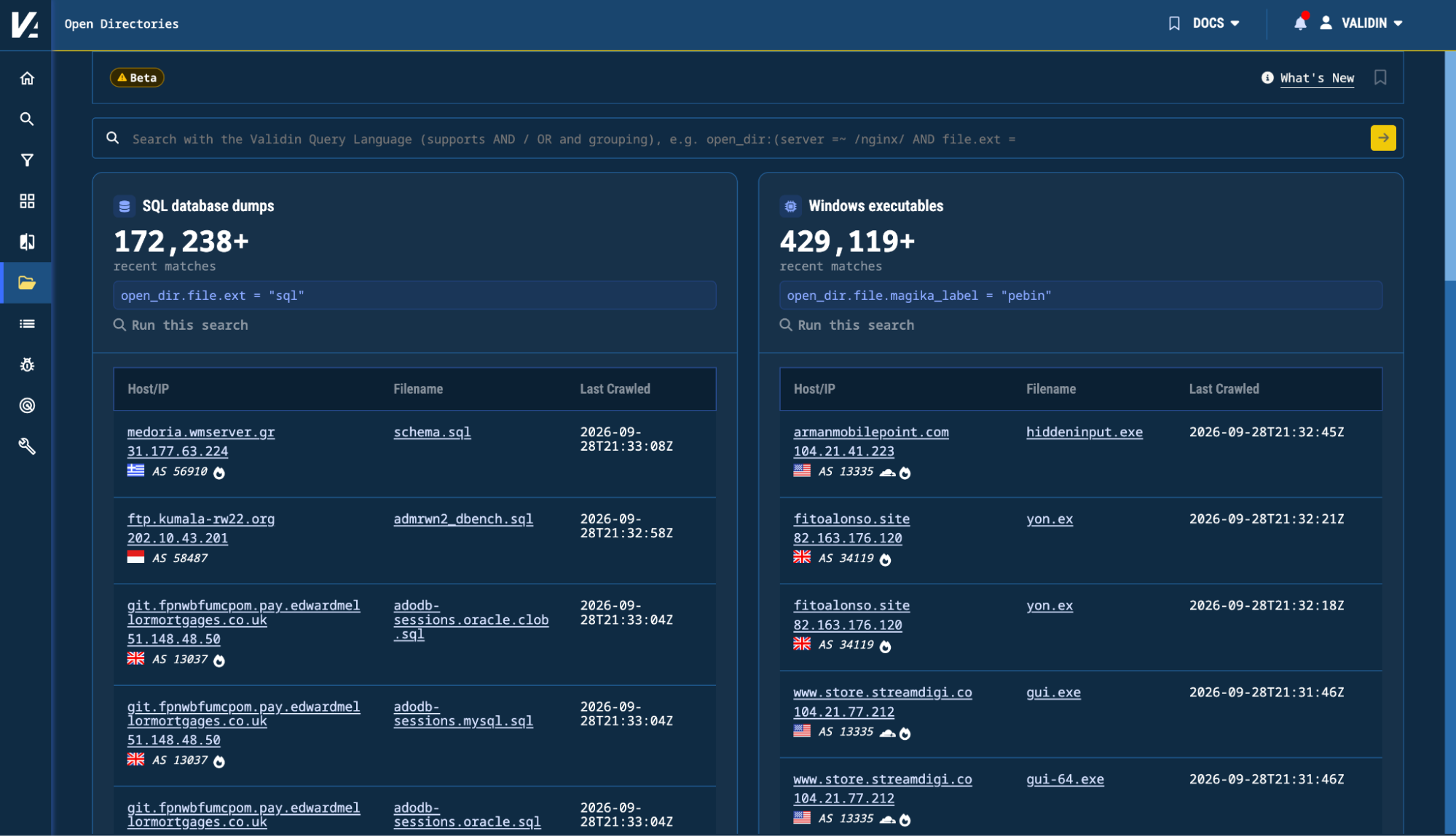 Figure 1. The new Open Directories experience in Validin. Figure 1. The new Open Directories experience in Validin.