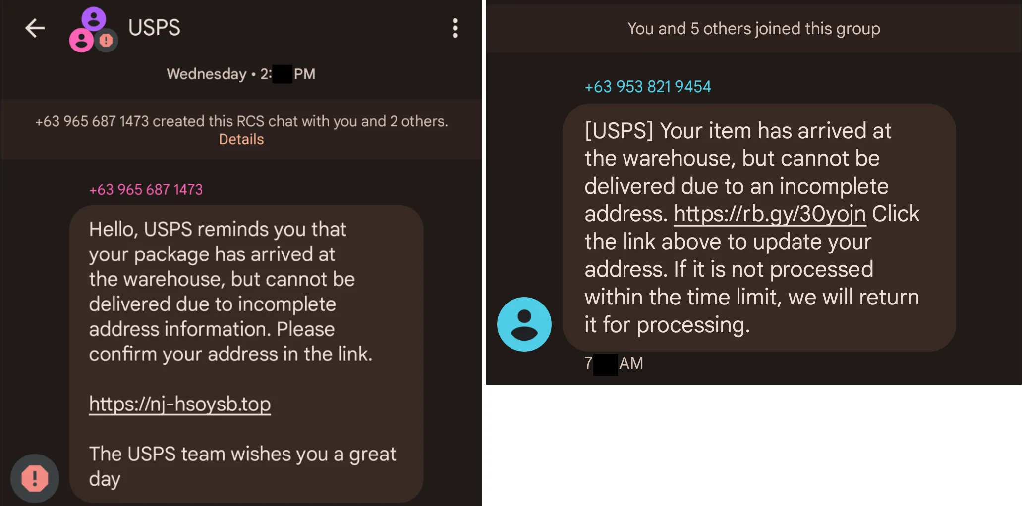 USPS-themed smishing message examples. USPS-themed smishing message examples.