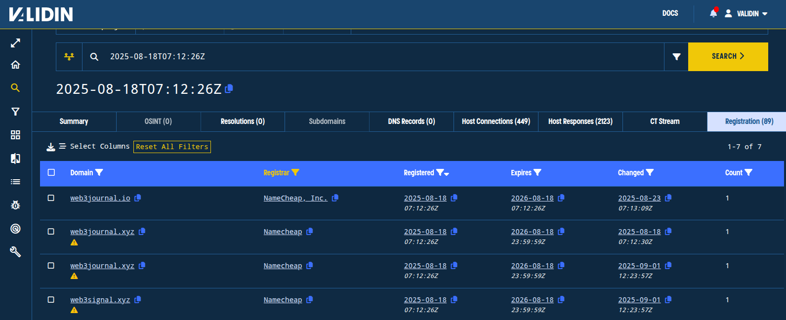 Figure. Web3-themed domains registered as a batch as seen with a registration time pivot in Validin. Figure. Web3-themed domains registered as a batch as seen with a registration time pivot in Validin.