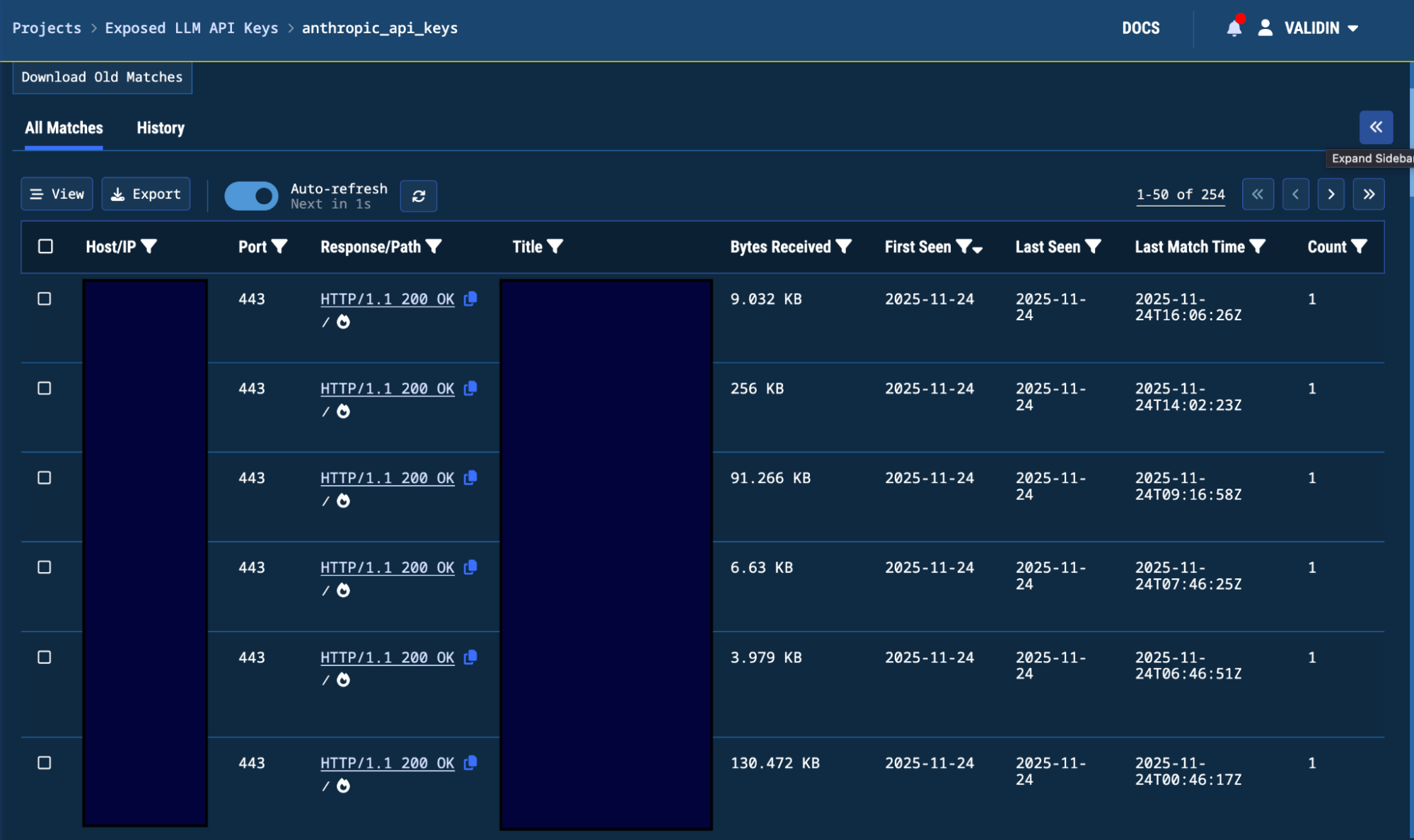 Figure 3. New Table of YARA Matches with First Seen, Last Seen, and Last Match Time columns (Host/IPs and Titles are hidden to preserve security)