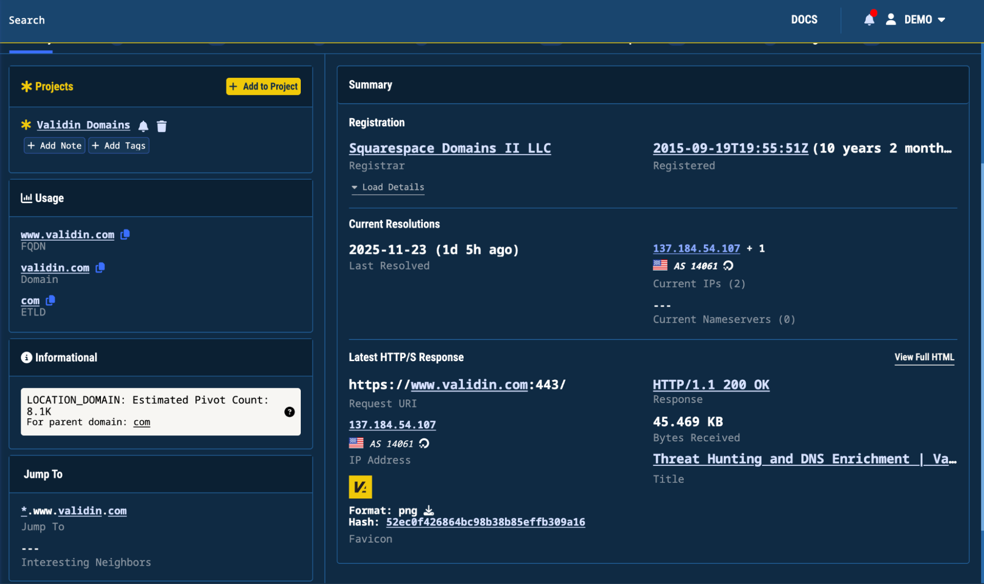 Figure 1. Updated domain/IP summary panel with registration, resolution, HTTP/S context, and left-side metadata