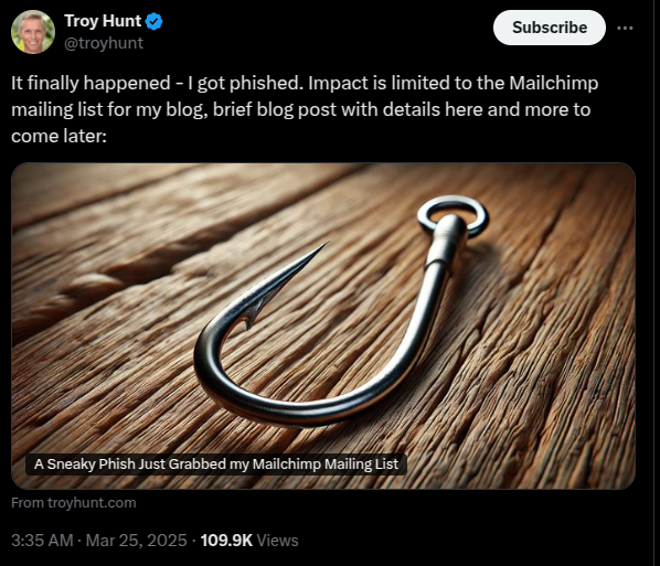 Figure. Tweet by Troy Hunt disclosing the details of the phishing attempt that targeted his mailing list.