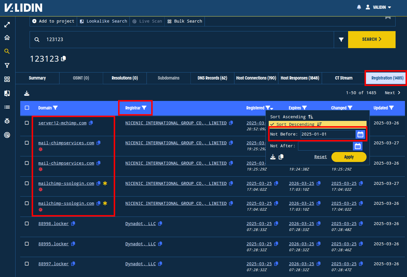 Figure. Observing domains with connections to “123123” and applying Registrar and “Registered Date” filters to focus the results.