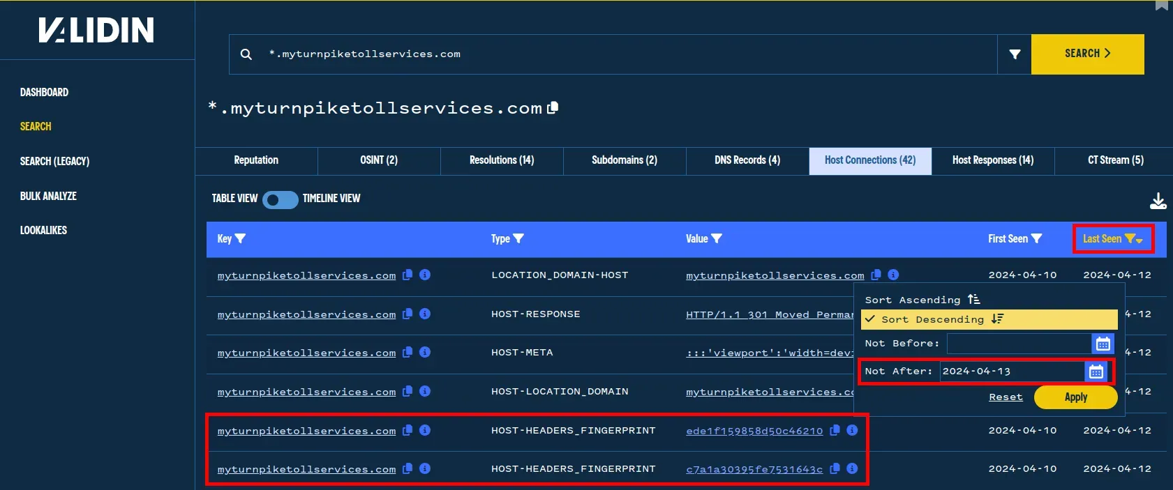 Filtering host connections by observation date to align with the report date.