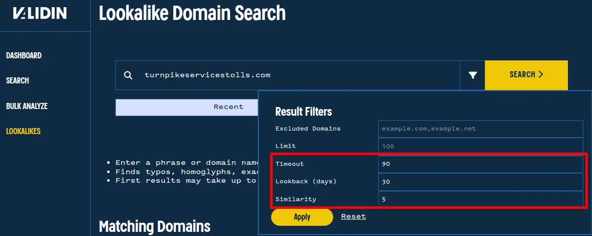 Setting search filters to find recent lookalike domains.