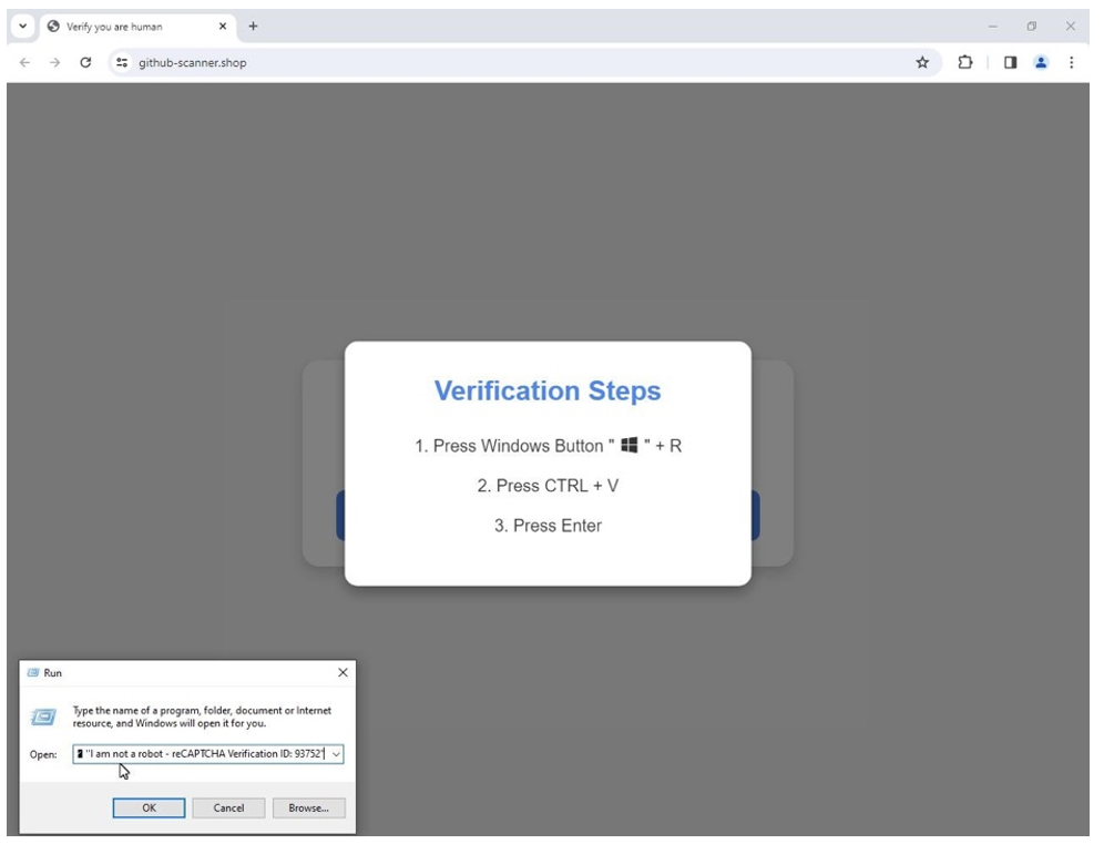 Figure 2. ClickFix style “verification steps” to execute PowerShell. Figure 2. ClickFix style “verification steps” to execute PowerShell.