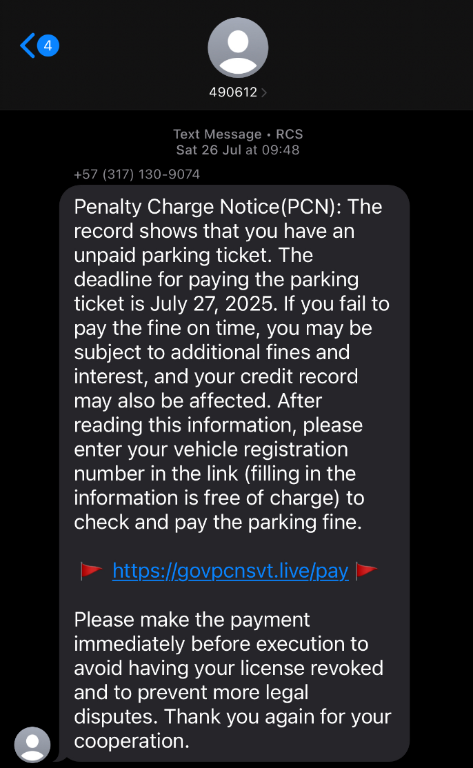 Figure 1. Text message containing a phishing message and link to https[:]//govpcnsvt[.]live/pay.