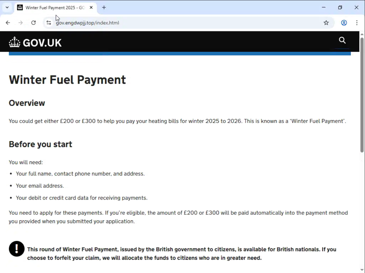 Figure 11. Winter Fuel Payment phishing lure. Figure 11. Winter Fuel Payment phishing lure.