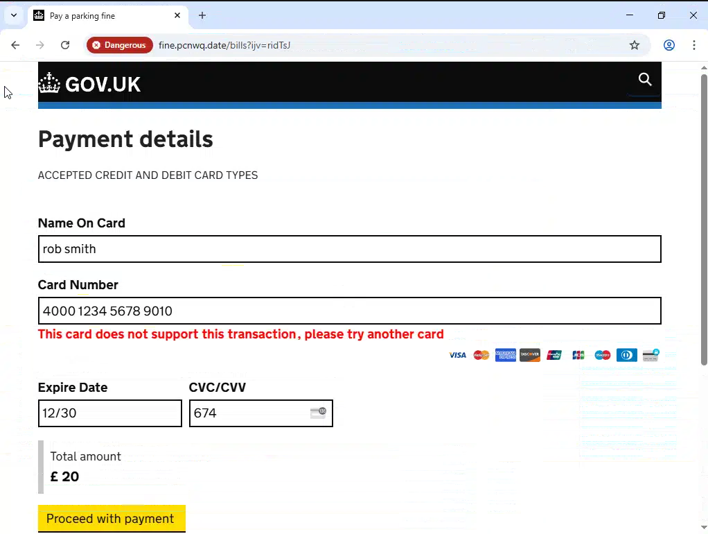 Figure 10. Fake payment details did not work. I was prompted to provide additional cards. Figure 10. Fake payment details did not work. I was prompted to provide additional cards.