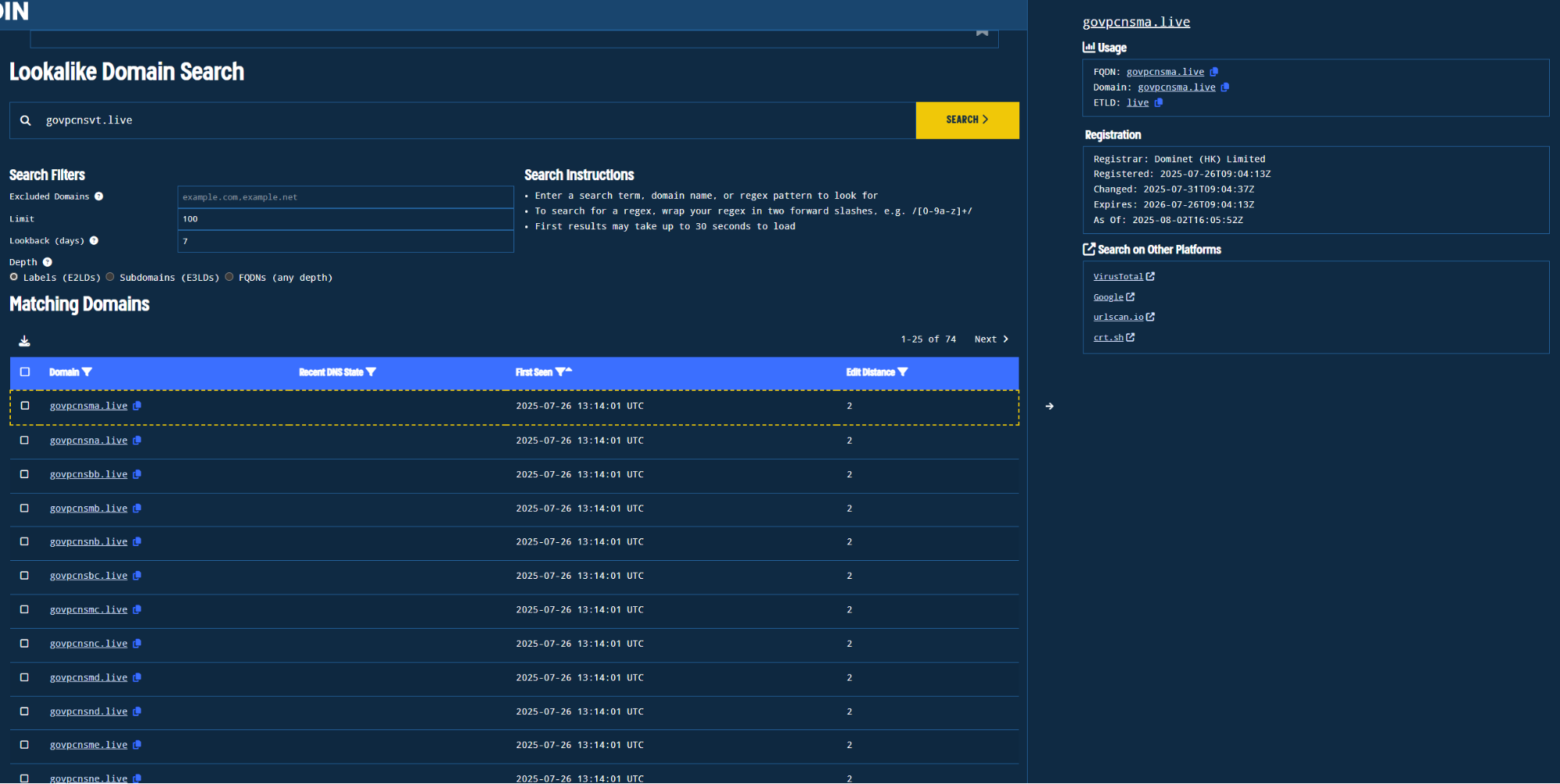 Figure 4. Validin lookalike domain search showing registrar and similar algorithmic naming conventions. Figure 4. Validin lookalike domain search showing registrar and similar algorithmic naming conventions.