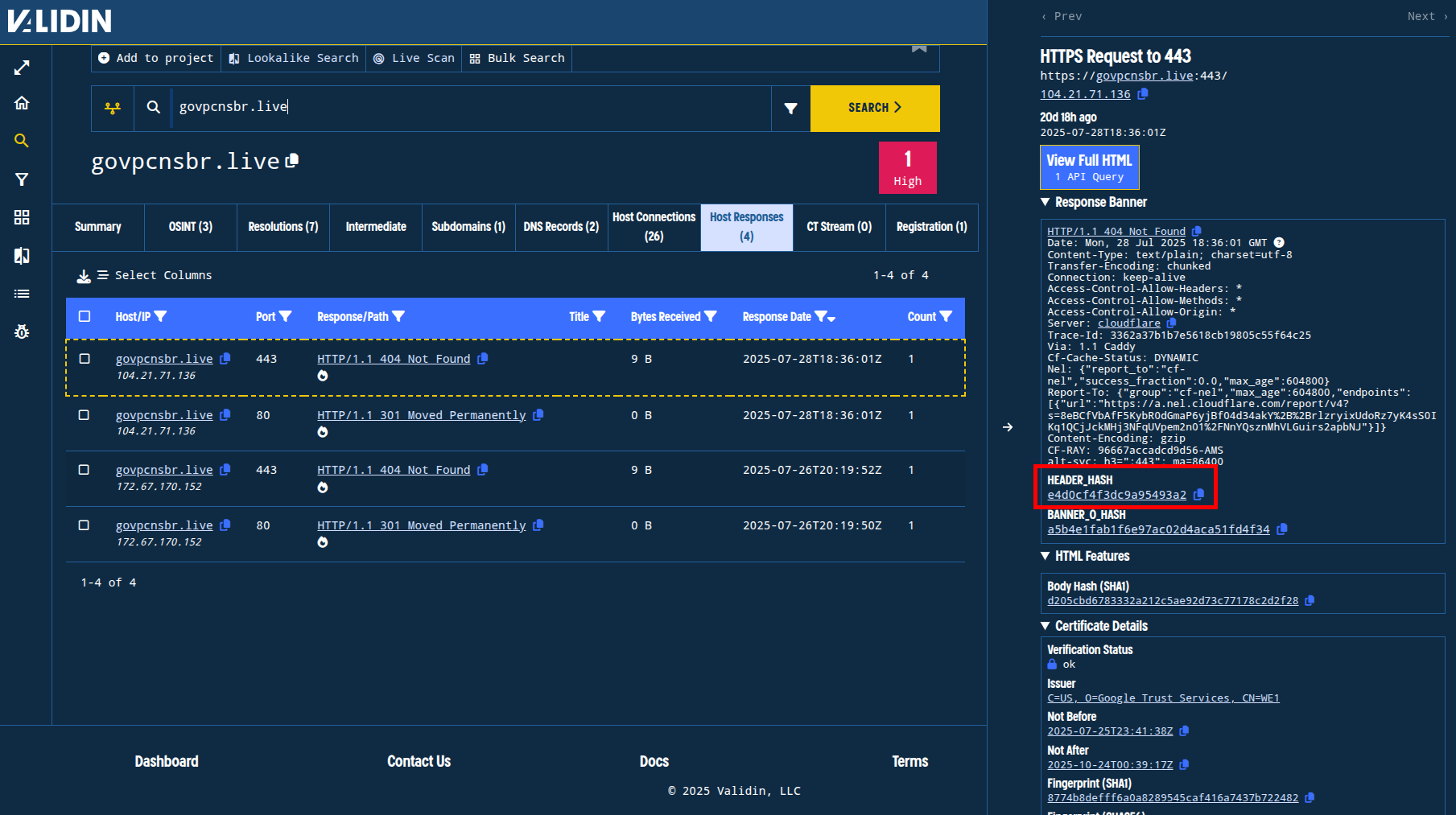 Figure 5. Host header hash that was seen on govpcnsvt, seen on another domain govpcnsbr[.]live.