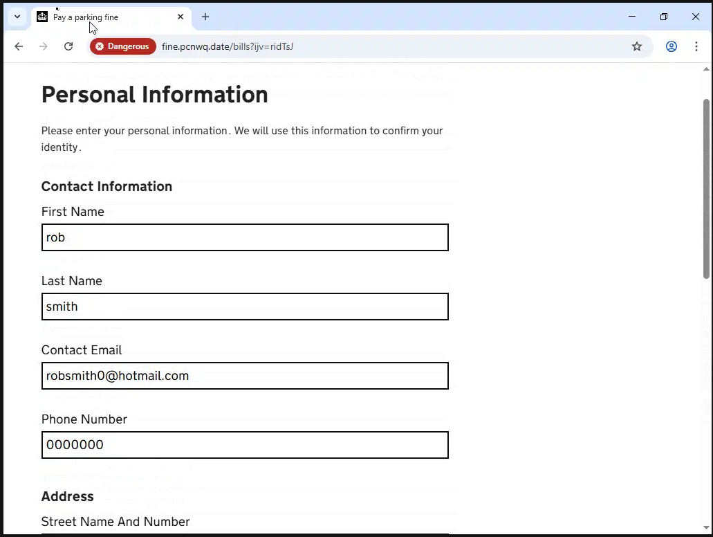 Figure 9. Inputting PII (note: fake data) in their form. Figure 9. Inputting PII (note: fake data) in their form.