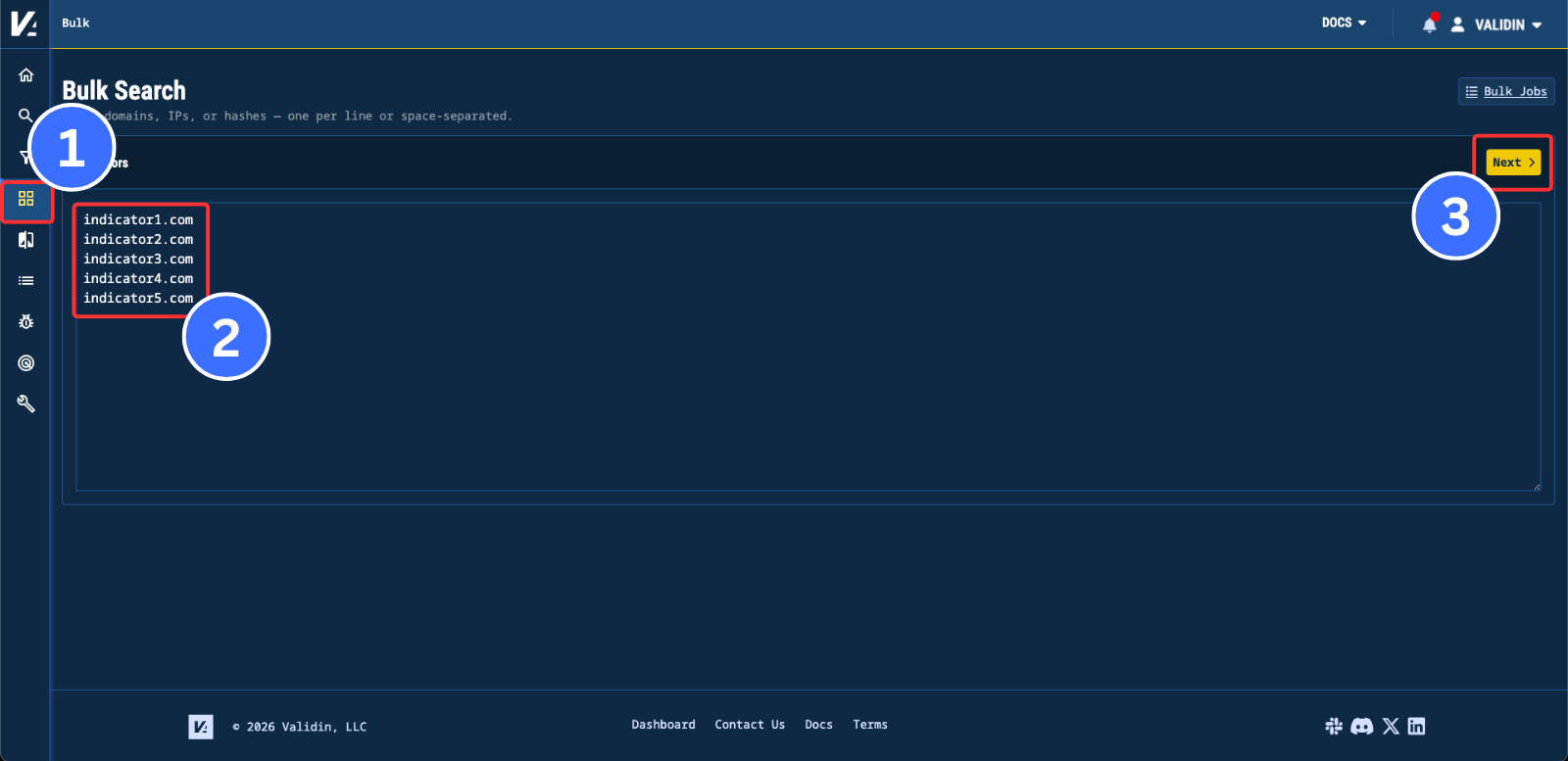 Figure 2. The Bulk Analyze input page, where you paste a threat report or list of indicators to enrich.