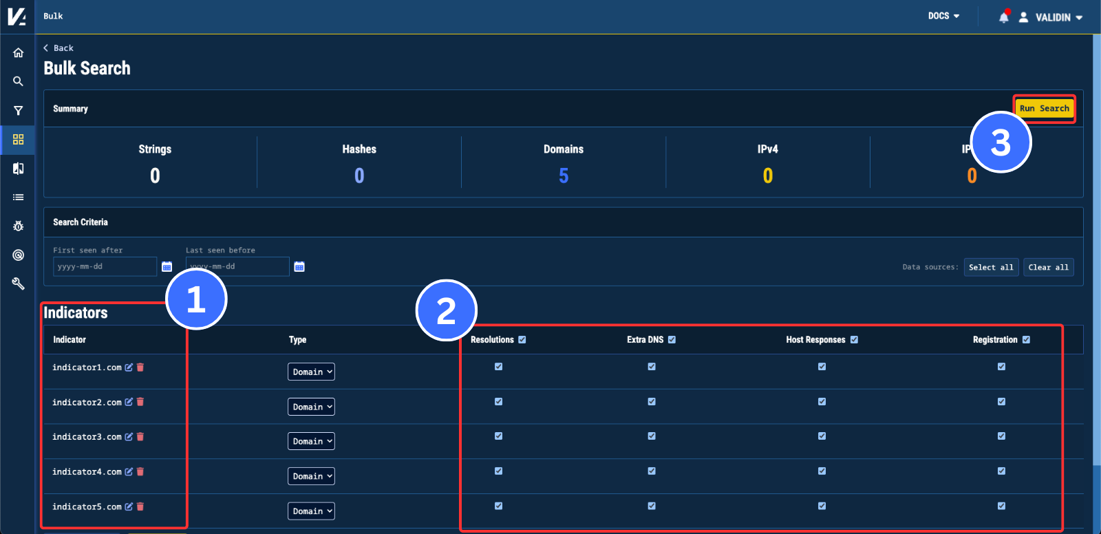 Figure 3. The Bulk Analyze search configuration page, with per-indicator data source selection and maliciousness annotations.