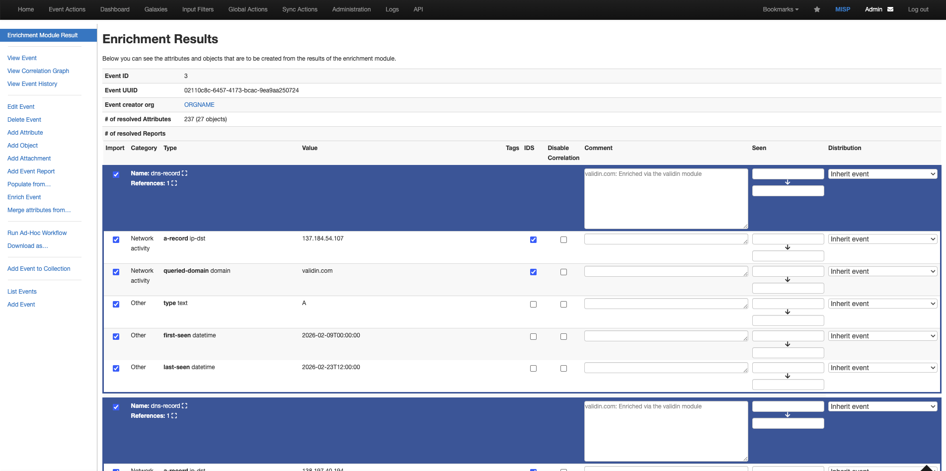 Figure 1. An example of a proposed enrichment for the domain validin.com